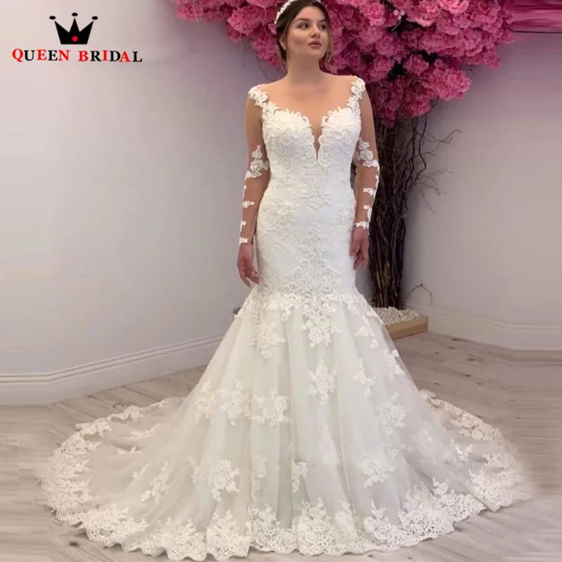 

Mermaid Long Sleeve Tulle Lace Beaded Appliques Sexy Wedding Dress Formal Bride Dresses Custom Made DJ12