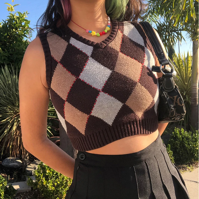 

Vintage Brown Y2K Argyle Sweater Vest Women 2020 Autumn Sleeveless Knit Pullover Preppy Style Casual Plaid Cropped Knitwear 90s