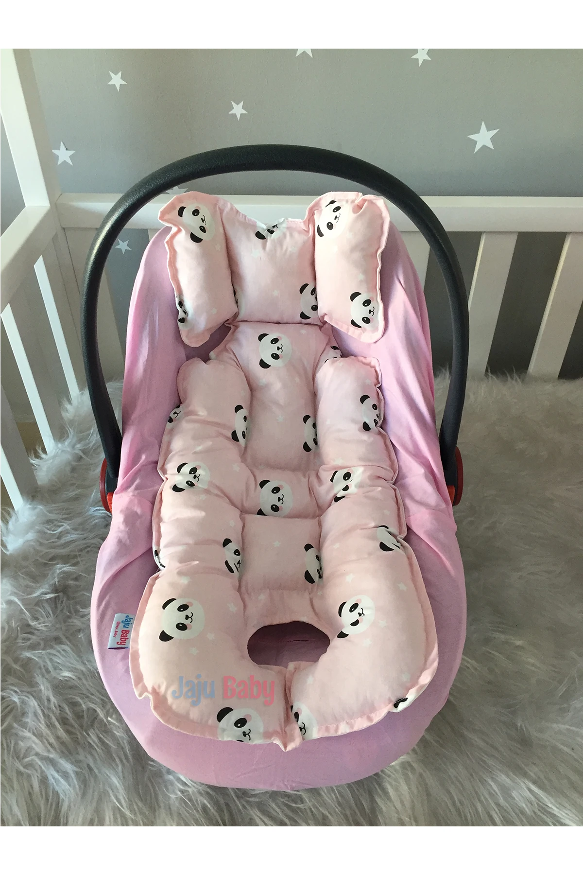 

Jaju Baby Handmade Pink Panda Design Luxury Orthopedic Car Seat Cushion - Stroller Cushion Accessory, Newborn 0-12 Months Use
