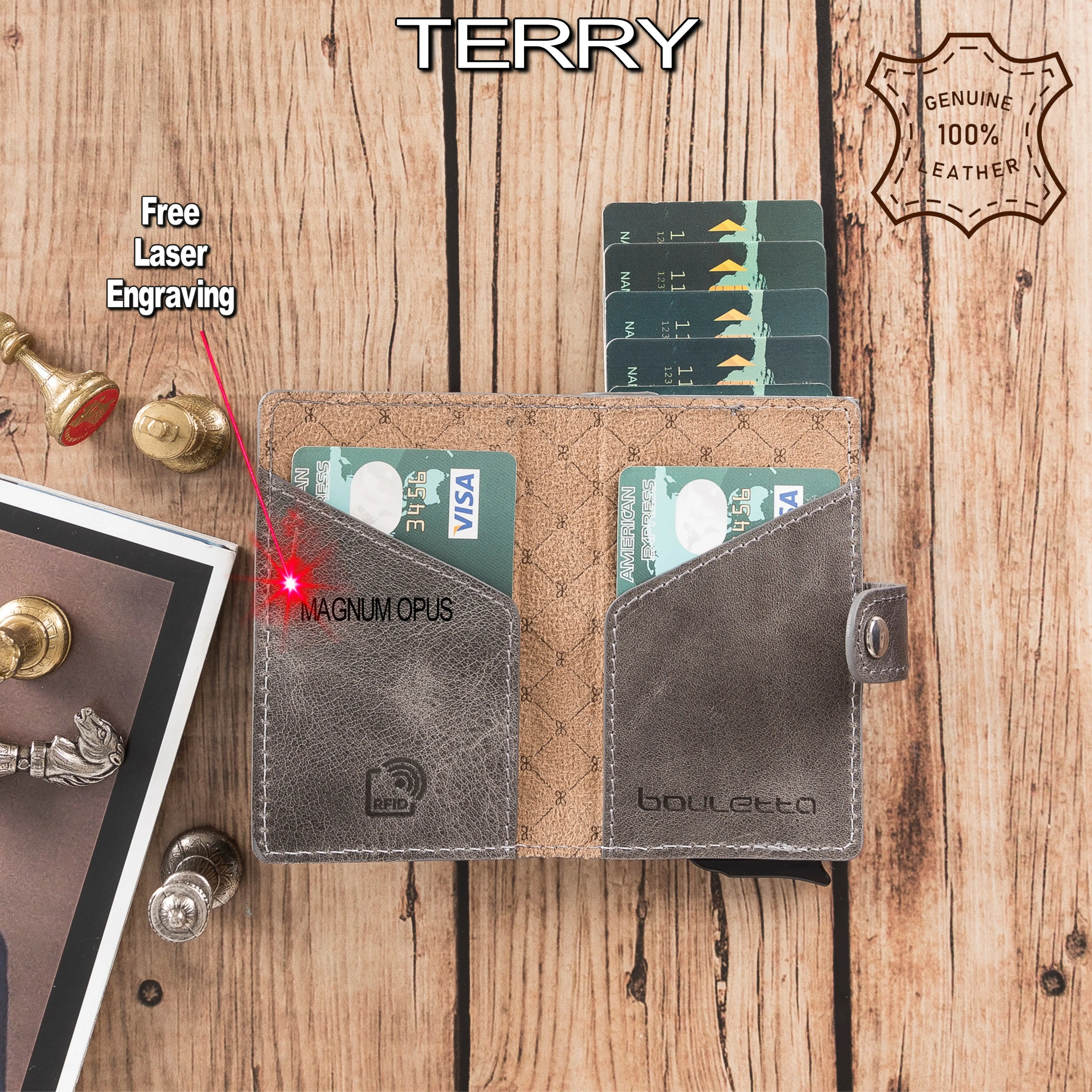 Handmade Genuine Leather Mechanical Card Holder Banknote, Coin Compartment, 5 Card Slots and ID Card Slot Minimalist, RFID