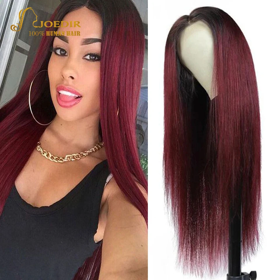 

#99J Ombre Human Hair Wigs For Black Women Straight 4x4 Closure Wig Dark Wine Burgundy Colored Brazilian Hair Lace Closure Wig