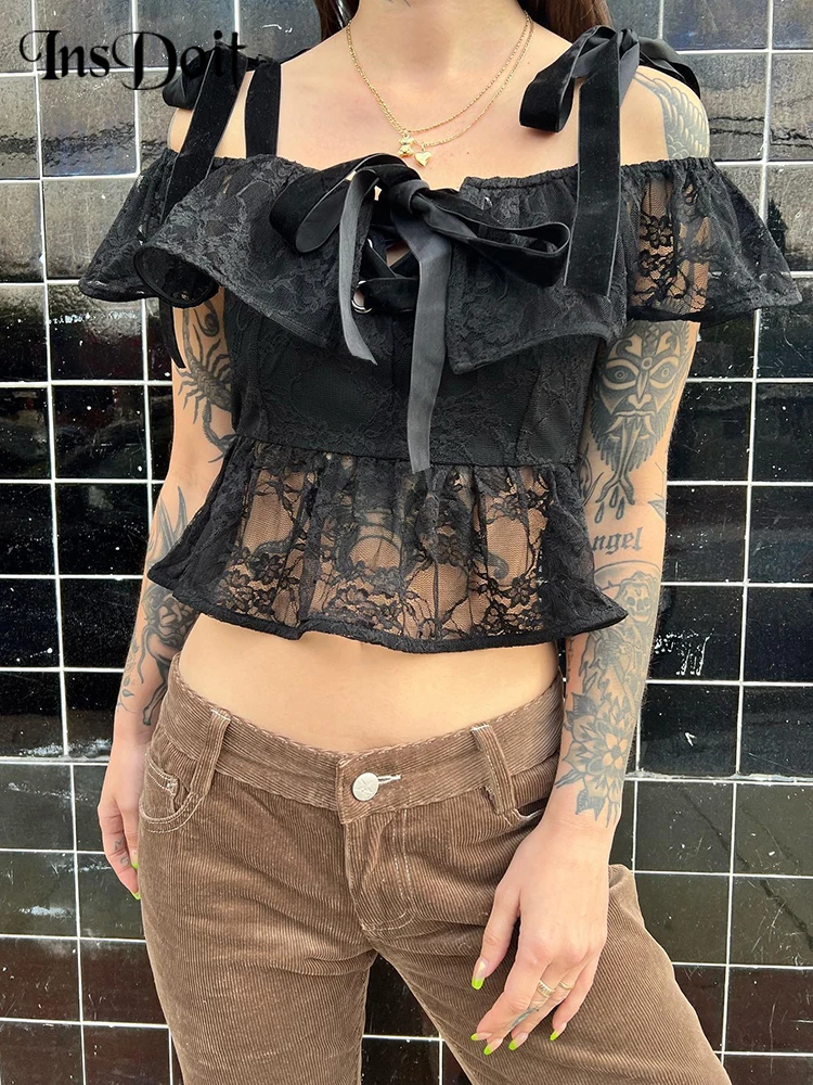

InsDoit Gothic Clothes Lace Up Black Summer T-shirt Women Off Shoulder Sexy Lace See Through Crop Top Streetwear Corset T-shirts