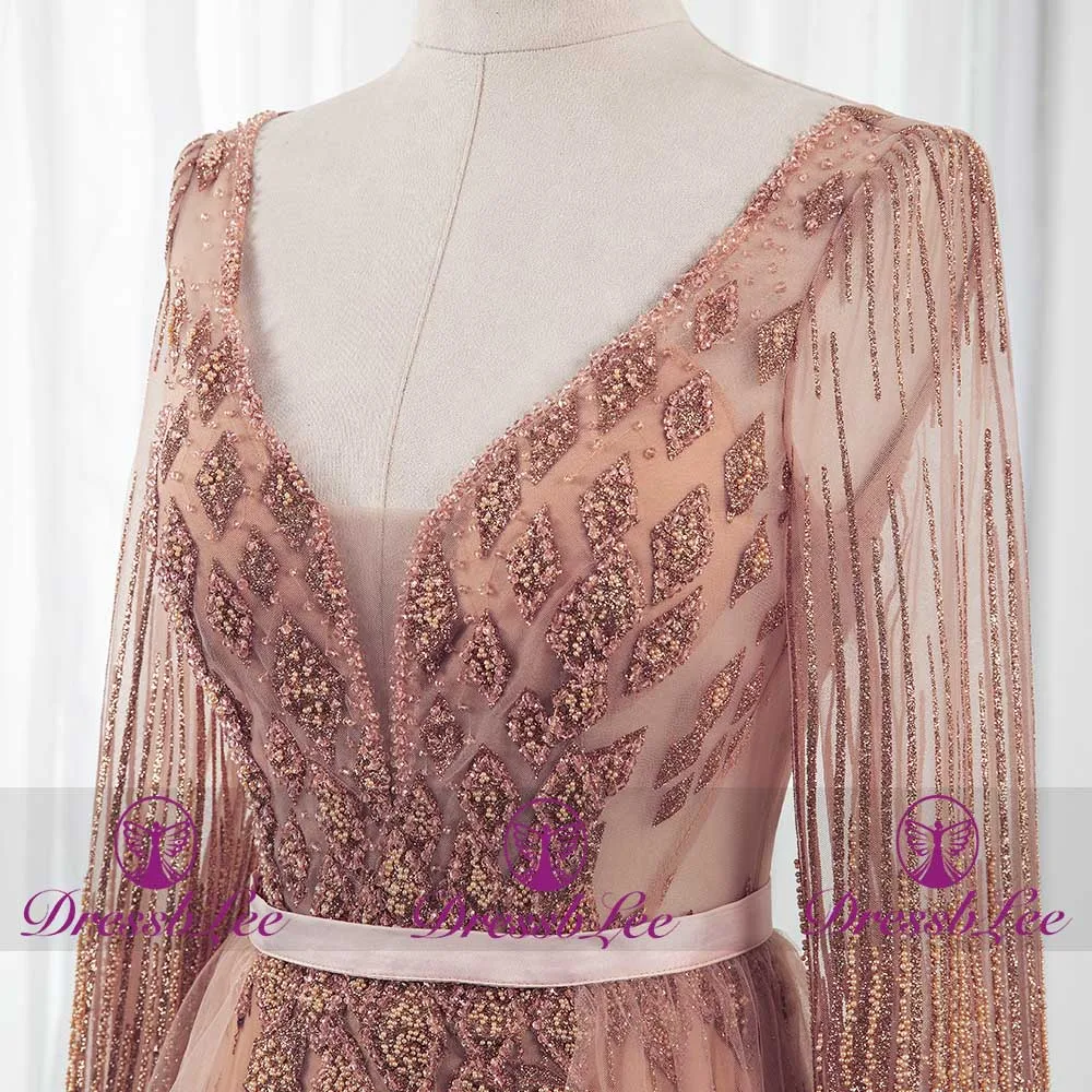 Fashionable sexy V-neck transparent mermaid evening dress golden full sleeve crystal banquet dress shiny lace dress