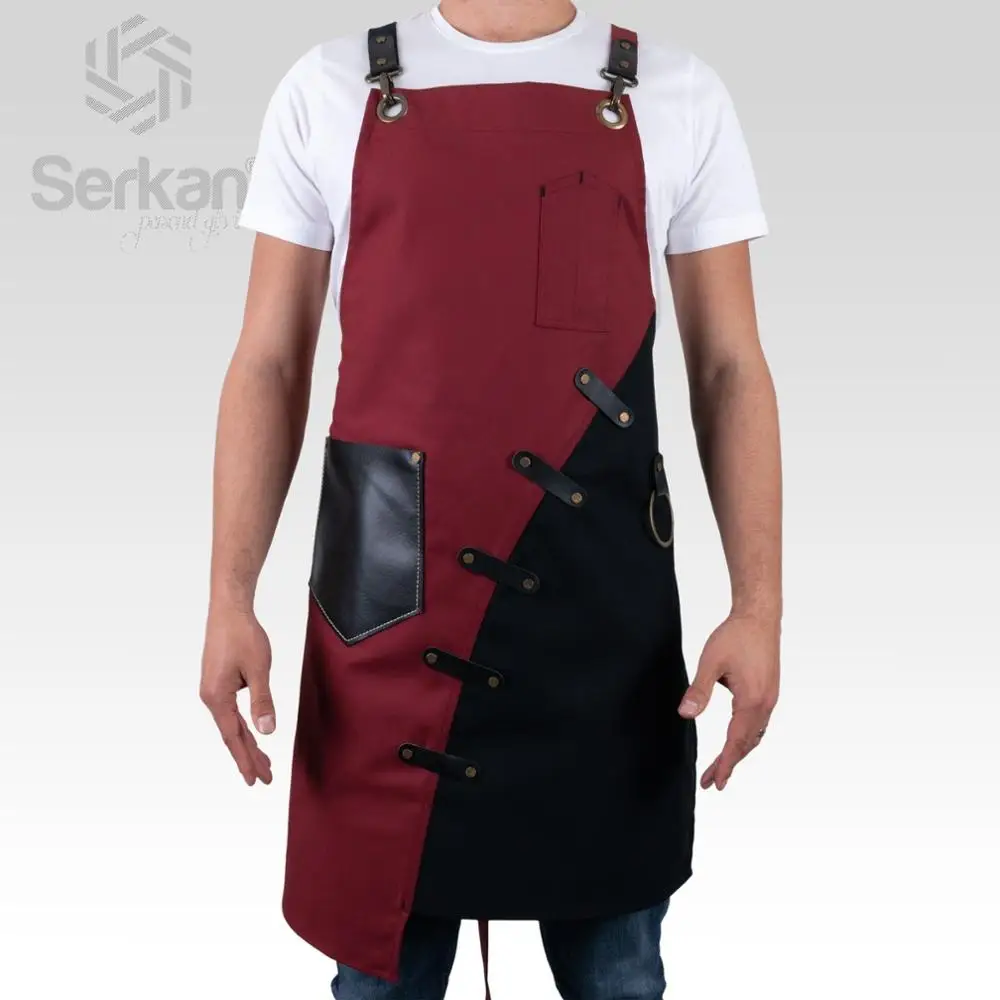 Men Unisex Apron Bib Chef Kitchen Apron Barista Apron Bartender Coffee Restaurant Cooking Apron with Pockets - Цвет: Бургундия