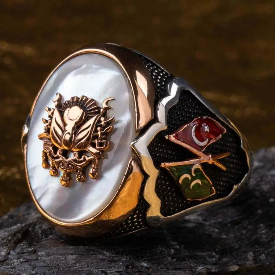 

Embossed Ottoman Coat of Arms Ring Oval White Sedef Stone Unique Design Turkish Men Accessories Gifts Fashion Retro Quality New