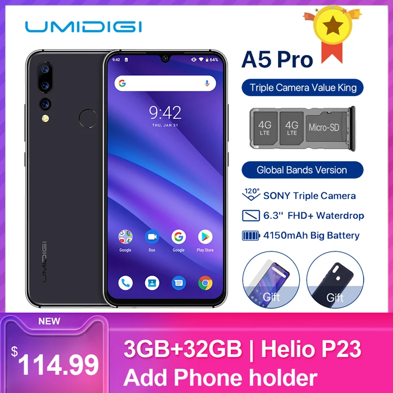 UMIDIGI A5 Pro 6," FHD+ 16 МП Тройная камера Android 9,0 Helio P23 Octa-core 4150 мАч Global LTE 4G отпечаток пальца смартфон