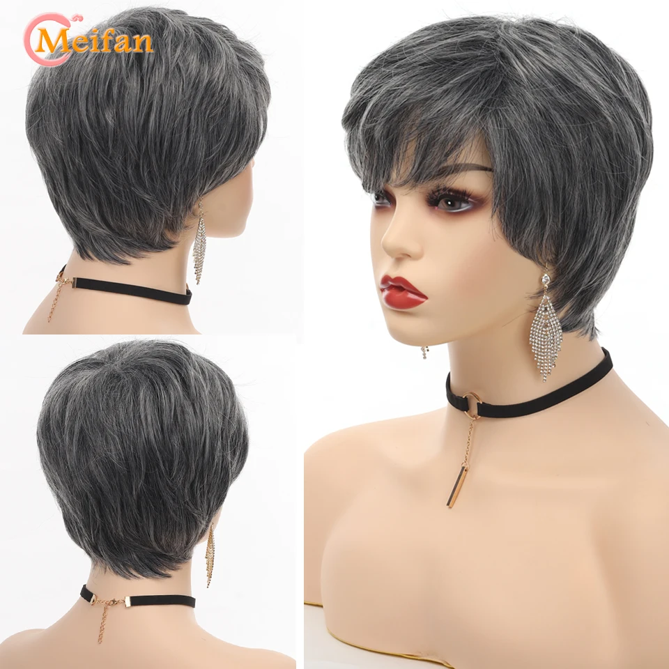 

MEIFAN Synthetic Short Wavy Curly Hairstyle Natural Looking Gray Layered Shaggy Colormix Hair Capless Mother Of The Bride Wigs