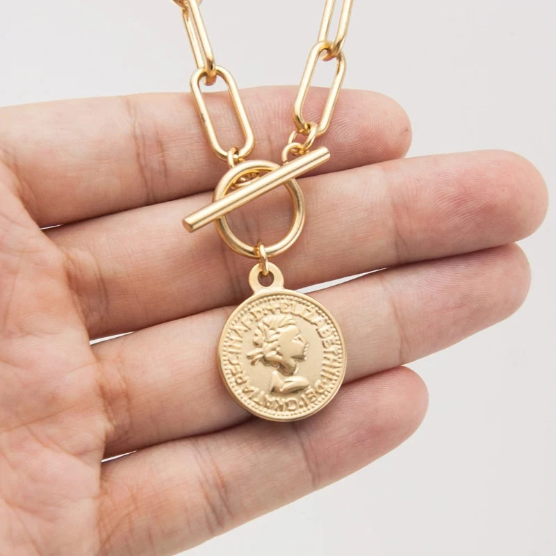 

Coin Medallion Necklace Stainless Steel Toggle Necklace For Women Gold/Silver Color Metal Elizabeth Coin Choker Collier Kette
