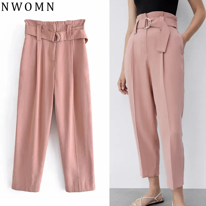 

NWOMN Za 2021 Pink Wide Leg Pants Women High Waist Pants Female Elegant Belts Office Cropped Woman Trousers Fashion Summer Pant