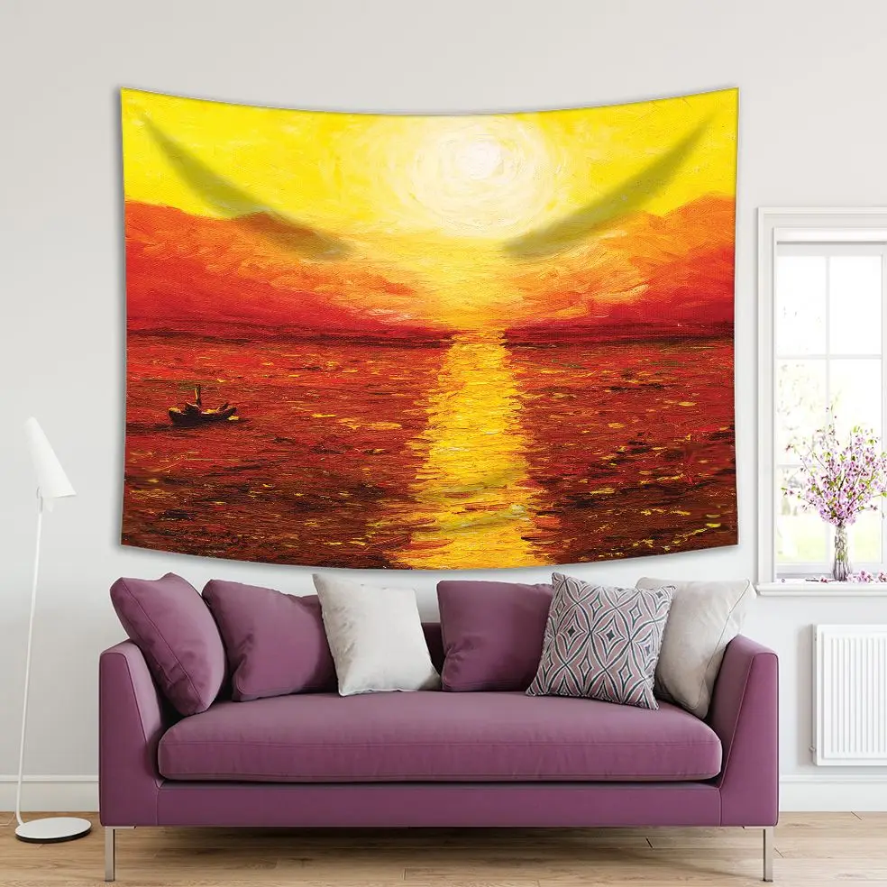 

Tapestry Sunset over the Sea Sailing Boat Peaceful Scene in Orange and Yellow Nature Waterscape Oil Painting Printed