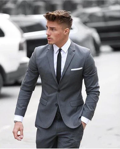 Классический серый мужской костюм на заказ, свадебные смокинги из двух предметов, облегающие деловые костюмы для жениха (пиджак + брюки)