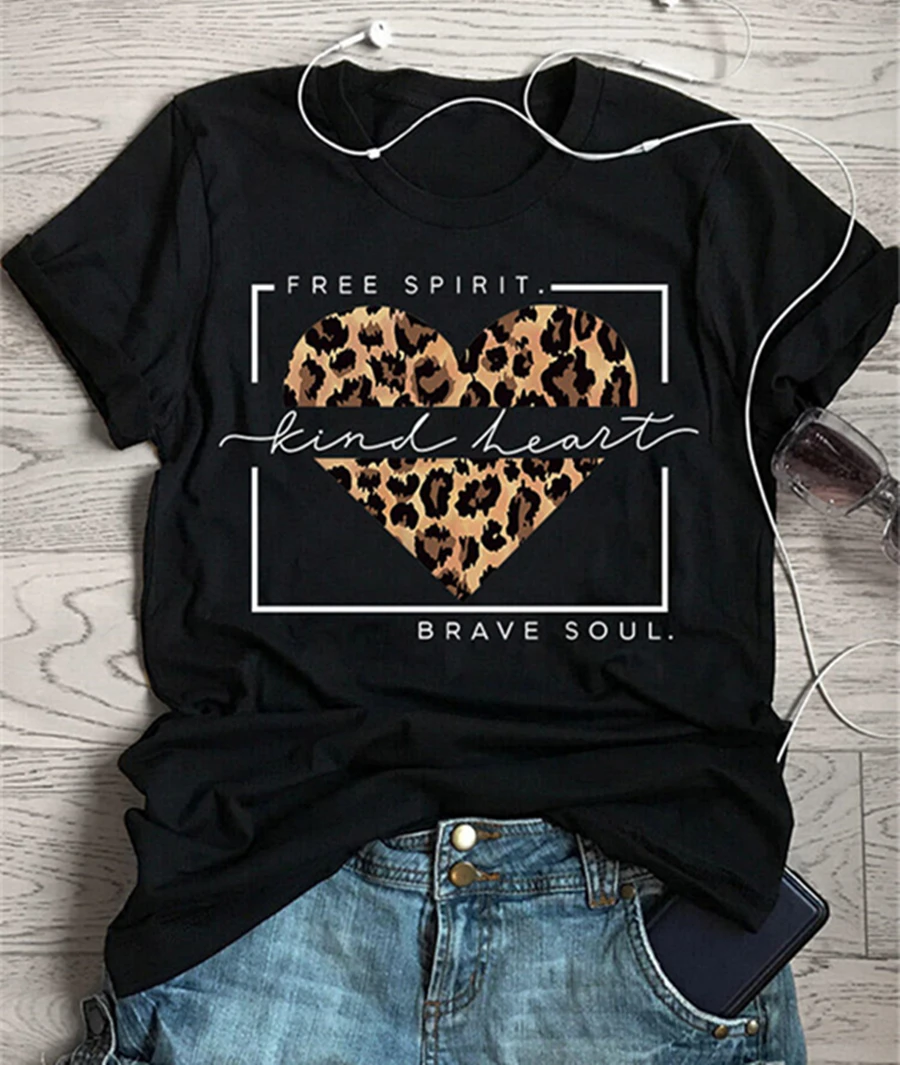 

Leopard Heart Print T-Shirt Woman Black Tops Tee Shirts Casual O Neck Letter Print Short Sleeve Women 2020 Summer T-shirt