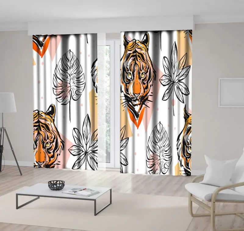

Curtain Tiger and Tropical Plant Leaves Exotic Wild Life Animals Nature Artwork Printed Black White Brown