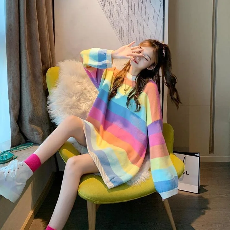 

2021 Autumn New Plus Fat Plus Size Women's Lazy Style Hedging Rainbow Striped Knitted College Style Loose Ladies Trendy Top