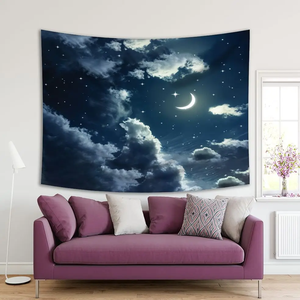 

Tapestry Clouds Shining Stars and New Moon Lunar Month Nature Digital Artwork Printed Blue White