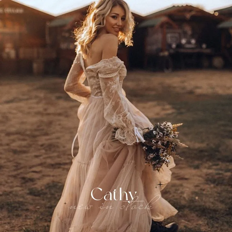 

Cathy Boho A-line Bridal Gown Grace Tulle Sweep Train Wedding Dresses Off the Shoulder Robe De Mariée Vestidos De Novia