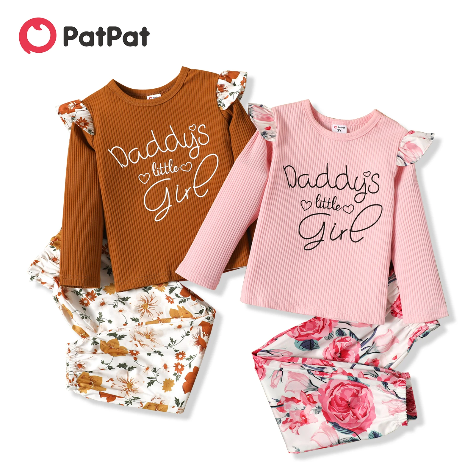 

PatPat 2-piece Toddler Girl Ruffled Letter Print Long-sleeve Ribbed Top and Floral Print Paperbag Pants Set
