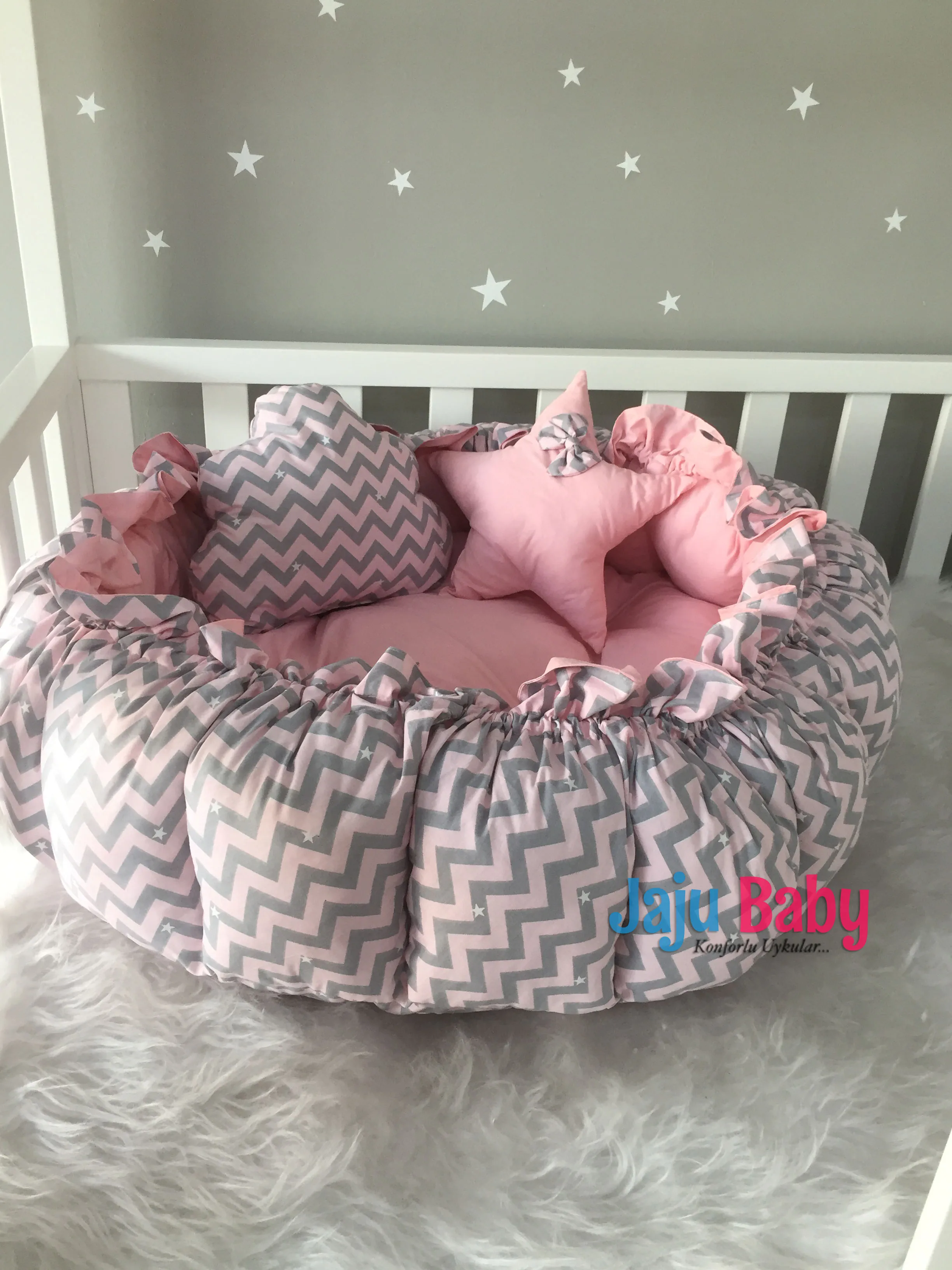 Jaju Baby Handmade Pink Zigzag Pattern Design Luxury Play Mat Babynest Maternal Bed Double-sided Use Baby Activity Portable