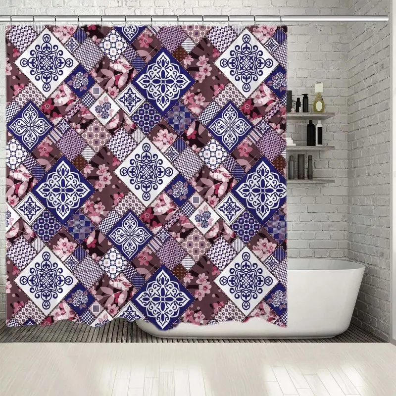 

Занавеска для душа с цветочным орнаментом, стилизованные цветы, листья, кружево, пэчворк, декоративное произведение, голубой, розовый, белый