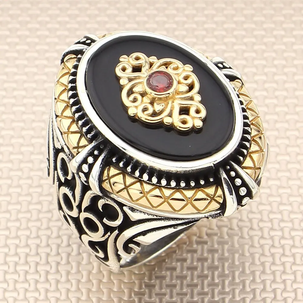 

Серебряное викторианское мужское кольцо с черным ониксом и мини-фотоэлементами, Сделано в Турции