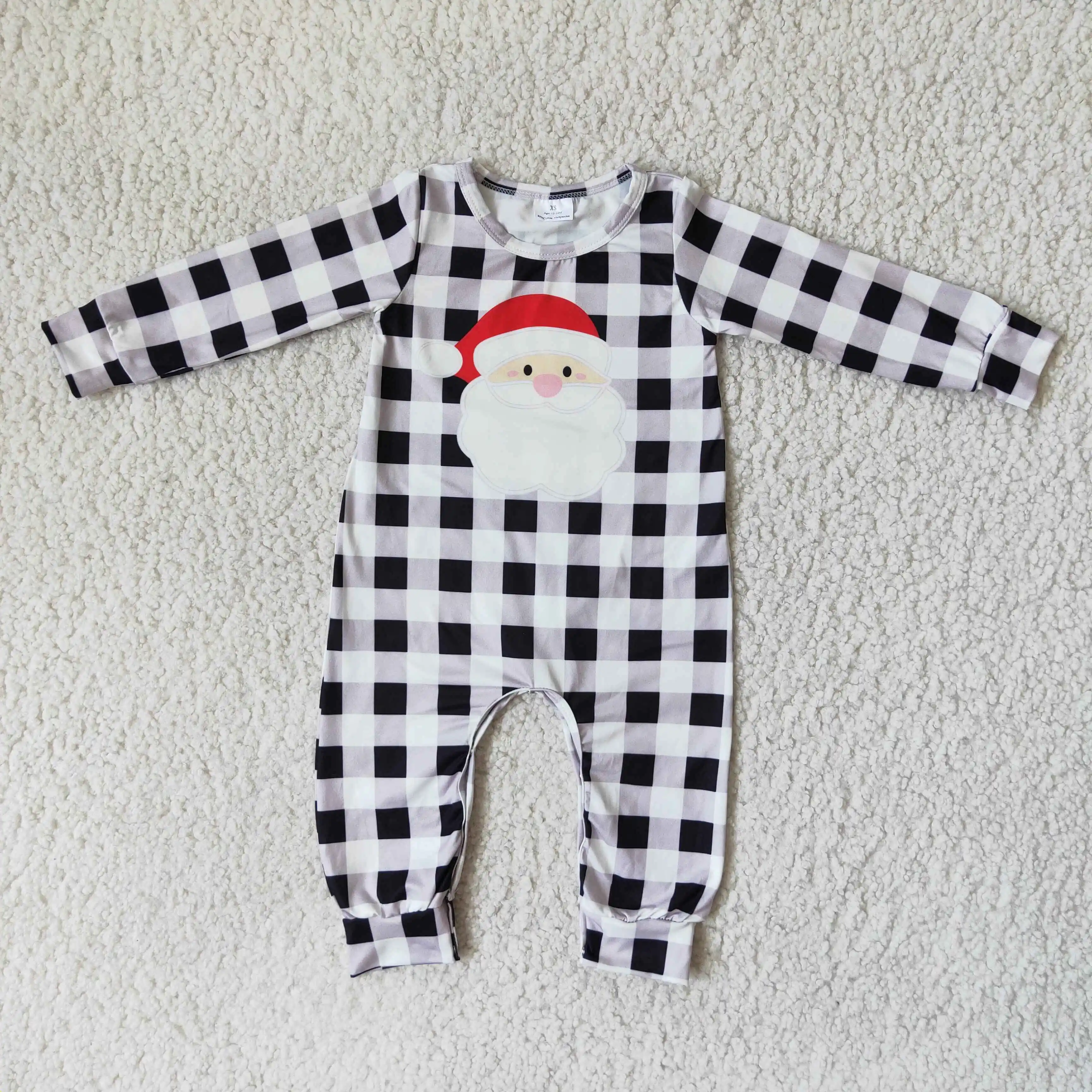 

Infant boys Christmas romper Santa Claus black plaid print long-sleeved trousers romper