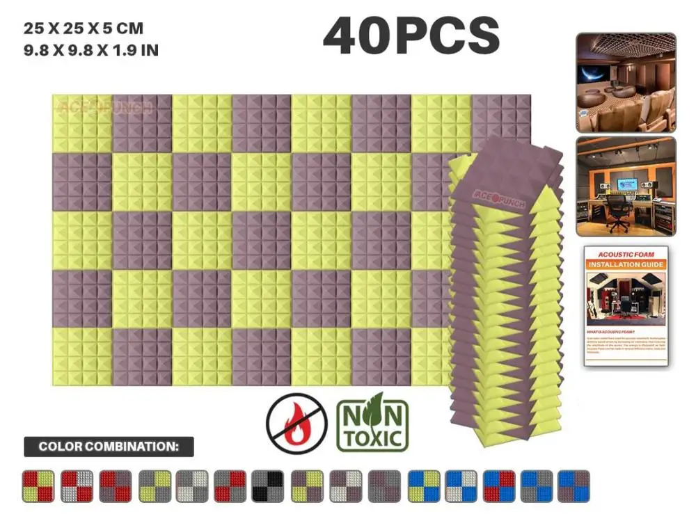 Purple and Yellow Arrowzoom 40 шт. в упаковке цветная комбинация 9," x 9,8" x 1," Пирамида плитка студия Звукопоглощающая Панель акустическая пена AZ1034 - Цвет: Purple and Yellow