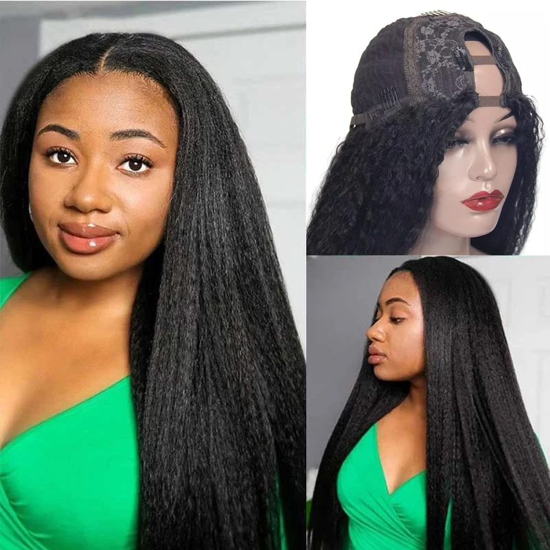

Brazilian Kinky Straight Yaki Human Hair U Part Wigs for Black Women Clip in Half Wig 150 Density Cheap Wig For Black Woman