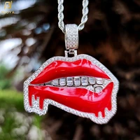 hip hop sexy mouth pendant cubic zircon pave red lips bling teeth charm pendant necklace iced out jewelry