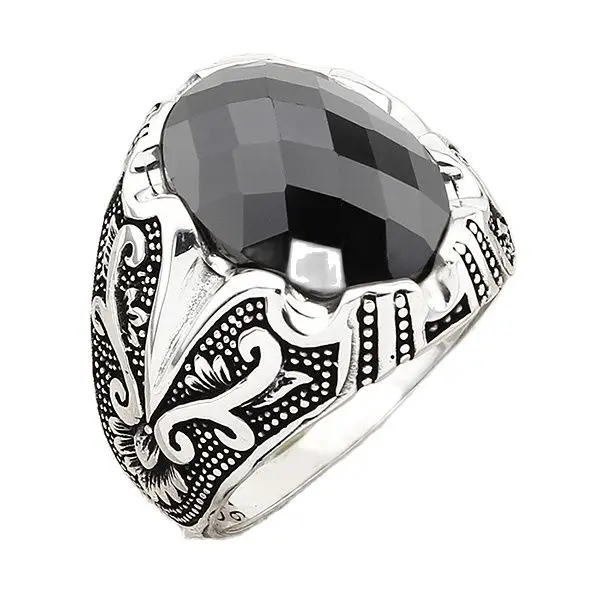 

Daisy Motif Sterling Silver Men's Ring with Oval Black Zircon Gemstone Jewelry Gift for Wedding Anniversary Present for Brother