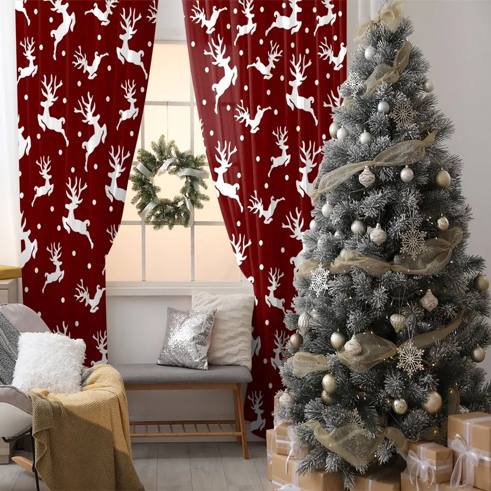 

Curtain Reindeer Flying In Snowy Christmas Night Sky Silhouette Cartoon Artwork Printed Burgundy And White