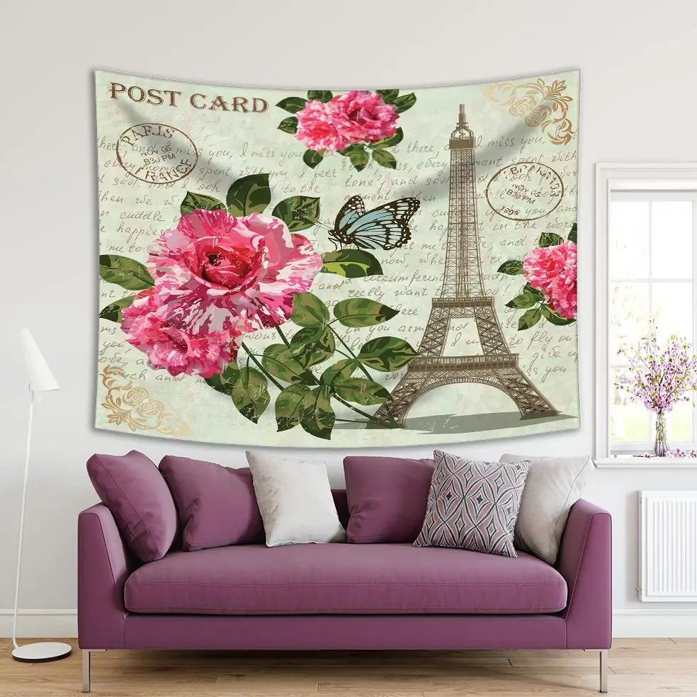 

Tapestry Paris Eiffel Tower Rose Branches Flowers Leaves Love Letter Green Pink Vintage Postcard Style Art Print