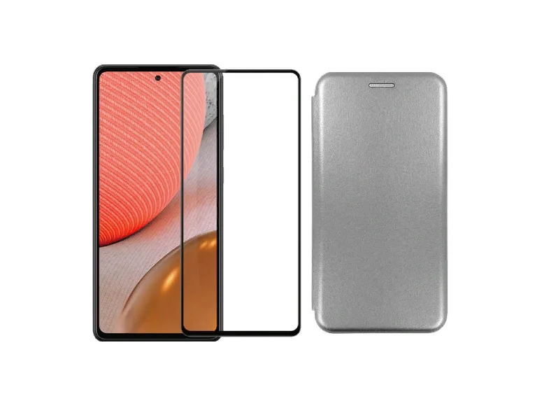 Выгодный набор 2 в 1 для Samsung Galaxy a02s: Чехол-книжка. Кожаный серый/серебристый + защитное стекло чехол на телефон смарт-дешево.