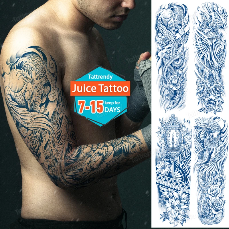 Temporary tattoos juice ink lasting semi-permanent fake tattoo sticker large full arm sleeve transfer tattoos body art men adult