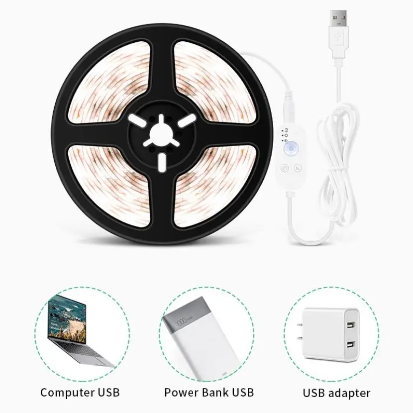 

LED Motion Sensor Waterproof 60LEDs/M Light Strip Brightness Adjustment for Home Decor Wall Cabinet USB Powered Light String