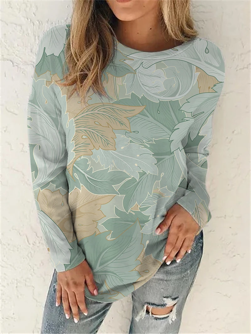 

GOAHIN Plus Size S-5XL Women Long Sleeve Hoody No Cap Fleece Printed Tropical leaves Patterns