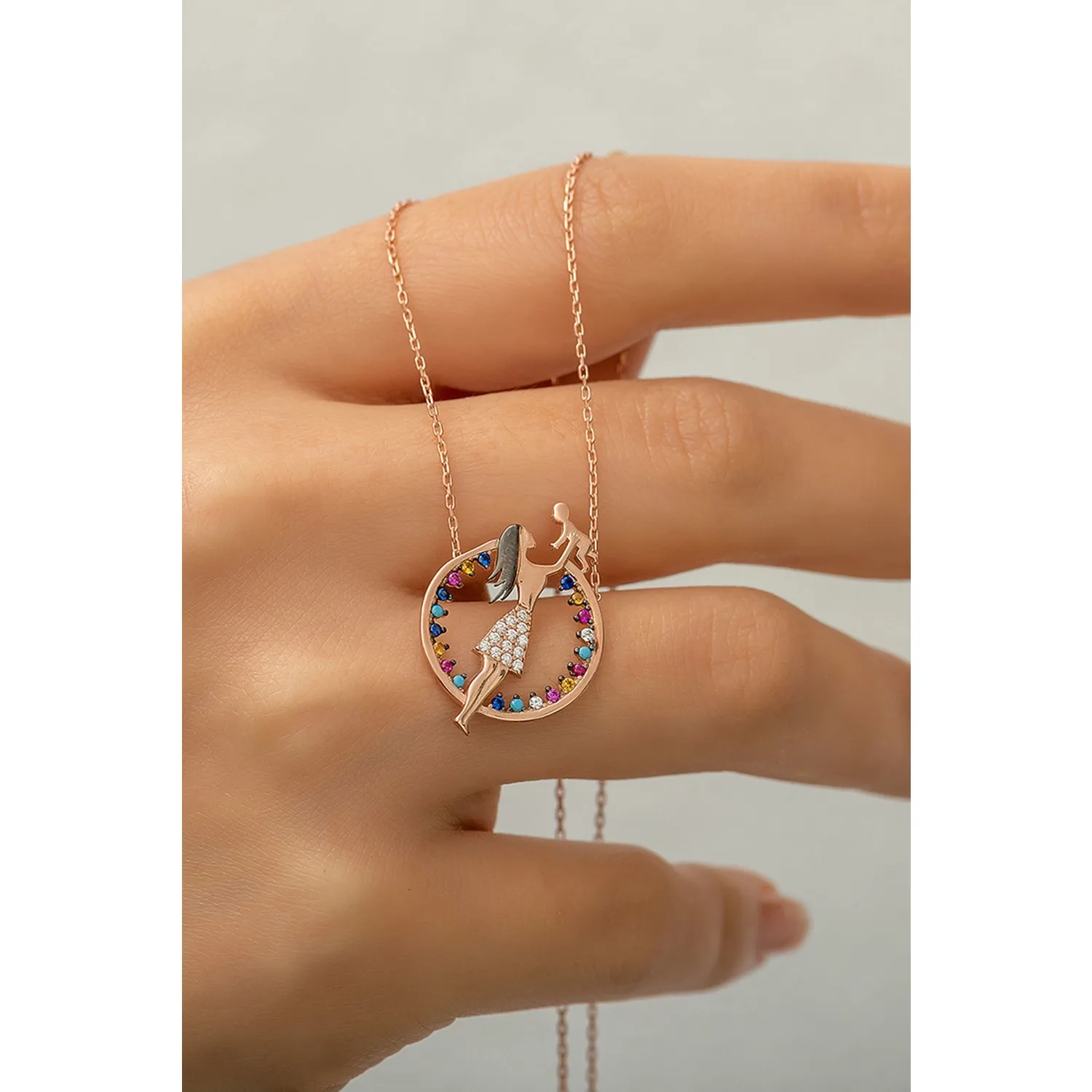 

925 Sterling Silver Mother Child Necklace Mix Stone with Stylish Design Don 'T Tarnish Made Turkey HBV0000176TVU