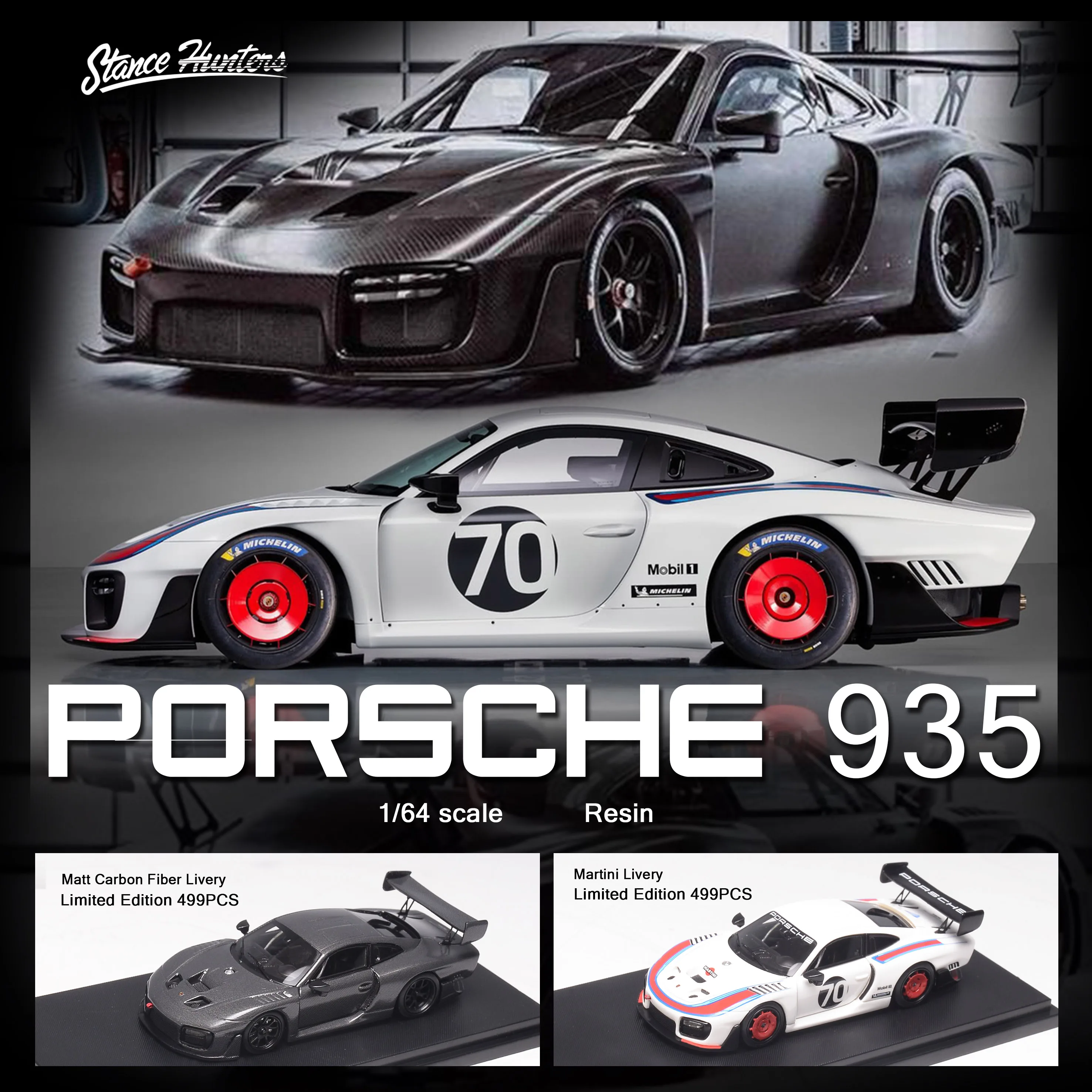 

Автомобильная модель из каучука стойки Hunter 1:64 Porsche 935, полностью карбоновый матовый черный мартини, белый цвет, ограниченная партия 499 шт., ск...