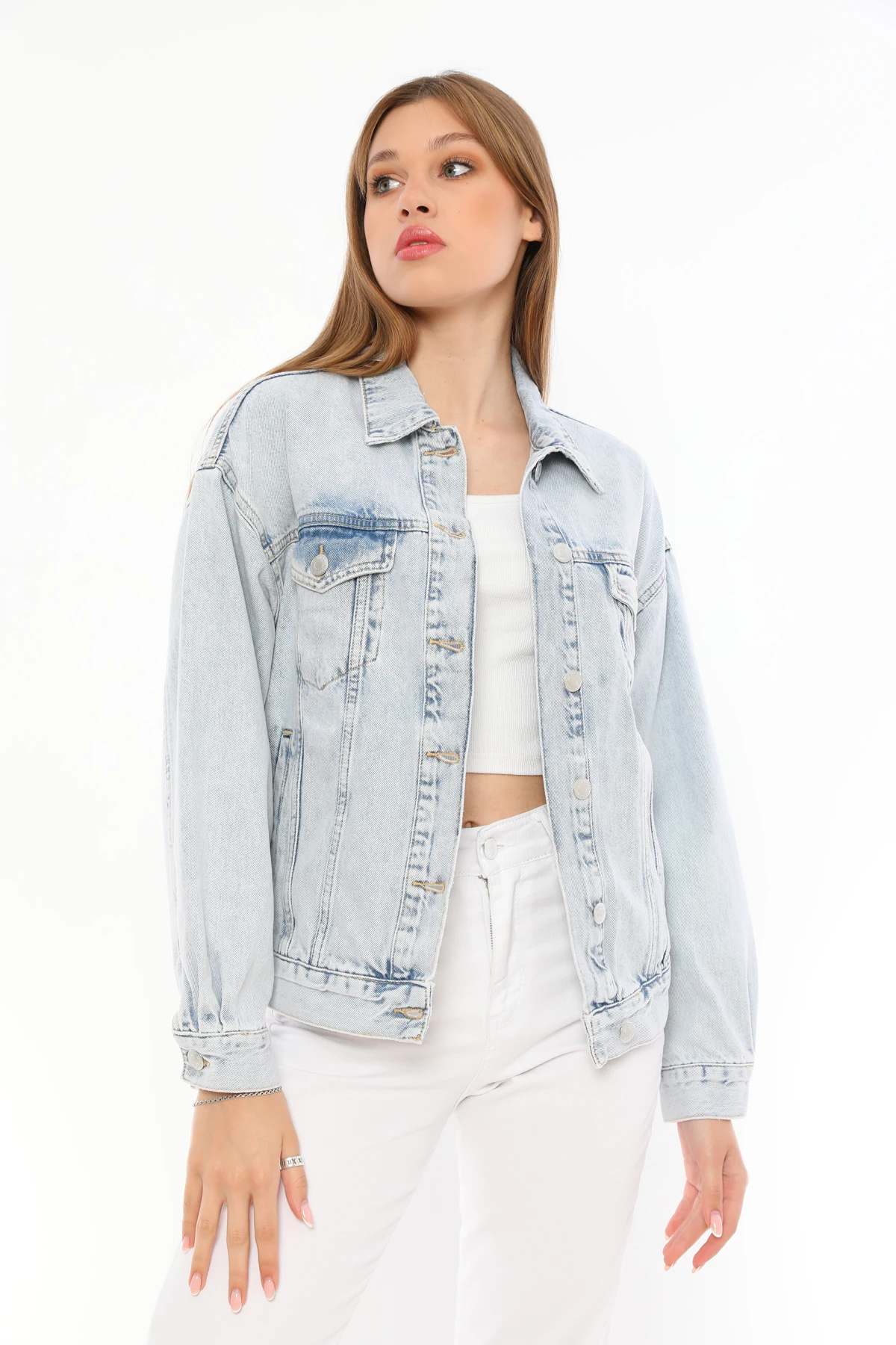 

Light Blue Denim Jacket Women Loose Style Oversized Jeans Coat 2021 Spring Autumn New Style Jacket 100% Cotton