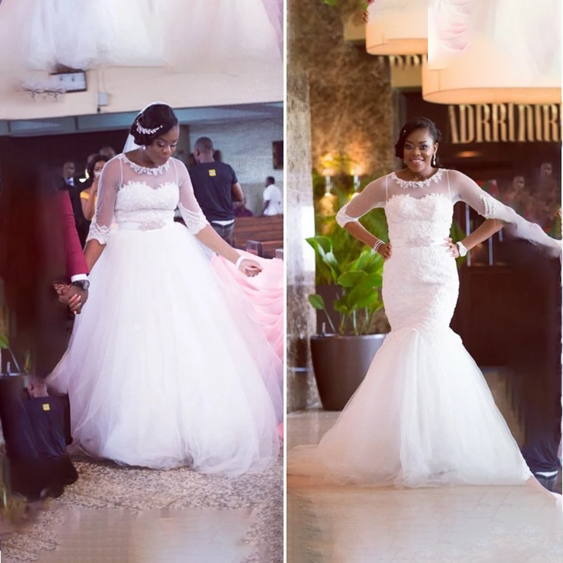 

2 Pieces Wedding Dresses Removable Skirt Beading Belt See Through Half Sleeve Mermaid Bridal Gowns African vestido de noiva