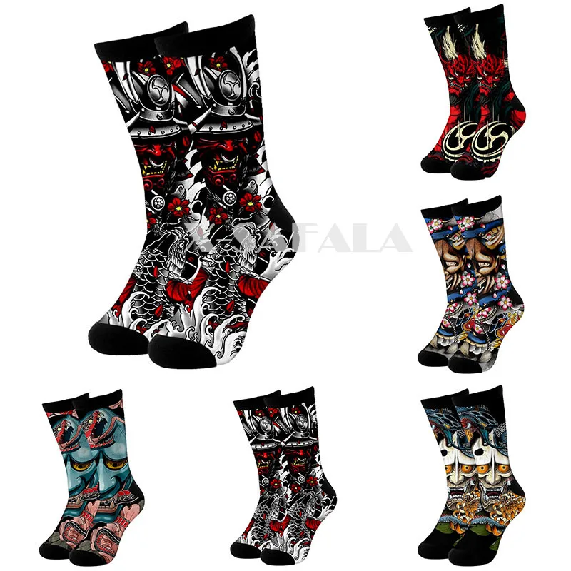 Модные длинные носки с 3D рисунком самурая тату велосипедные повседневные новые