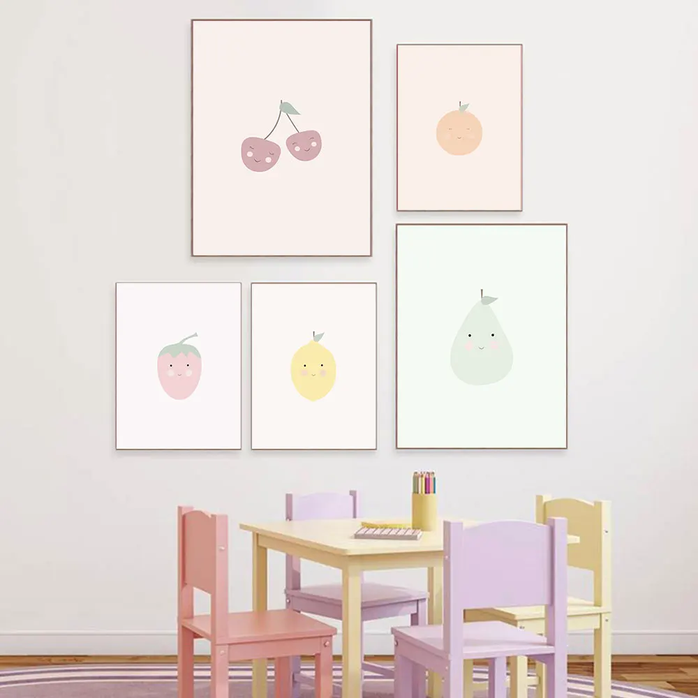 

Cute Happy Lemon Cherry Pear Orange Fruit Wall Art Canvas Painting Nursery Posters And Prints Wall Pictures Baby Kids Room Decor