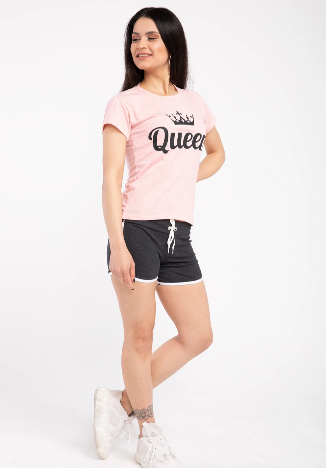 

Women Queen Printed Double Striped Short Pajamas Set Cotton Fashion Homewear New Made in Turkey