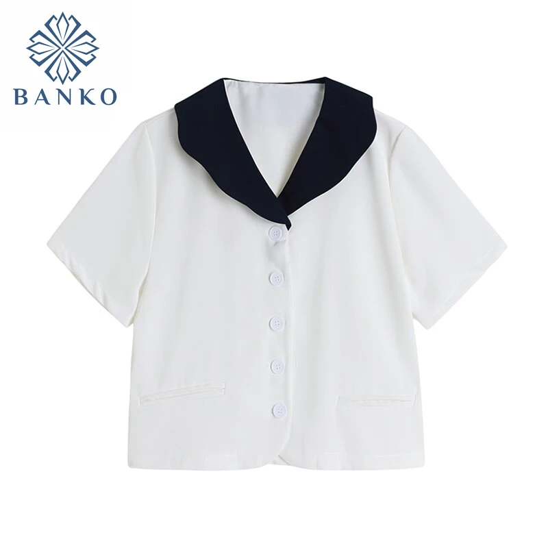 

2021 Summer Color-Hit Peter Pan Collar Loose Office Lady Shirts For Women Korean Stylish Short Sleeves Female Casual OL Blouses