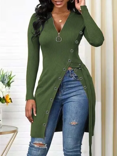 

Women Solid Color T-shirts Spring Autumn Irregular Design Zipper High Split V Neck Long Sleeve Slim Long Top