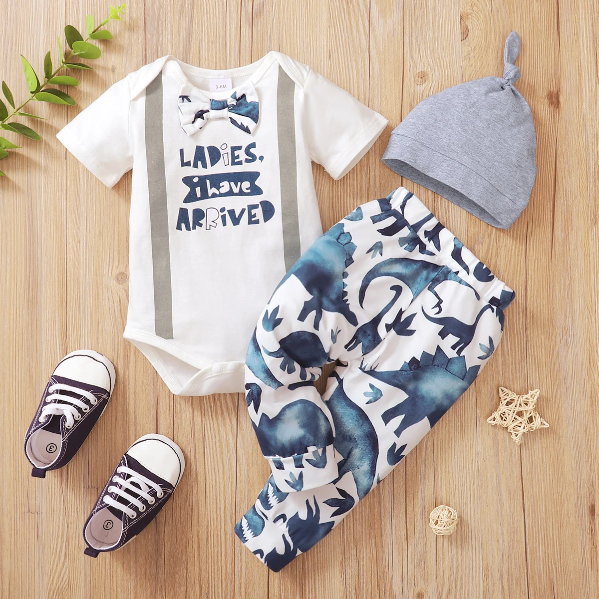 

PatPat 3pcs Baby Boy Letter Print Bow Tie Short-sleeve Romper with Dino Print Trousers and Hat Set