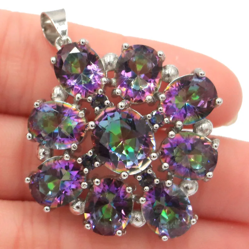 

45x35mm Delicate Fine Cut Big Heavy 14g Fire Rainbow Mystic Topaz Women Dating Silver Pendant