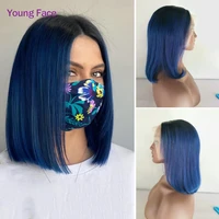 straight short bob wig human hair wigs 13x4 lace frontal wigs trendy cosplay blue color hair wigs 250%density hair wig female