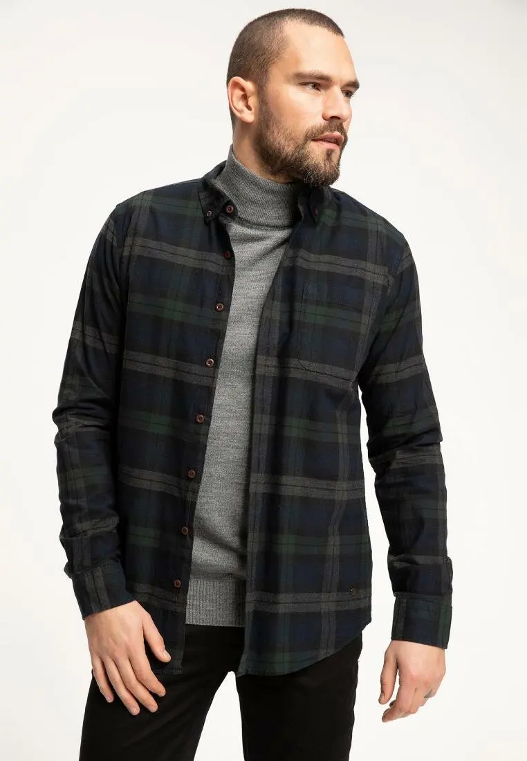 Мужские рубашки из хлопка DeFacto темно красные в клетку с длинным рукавом и