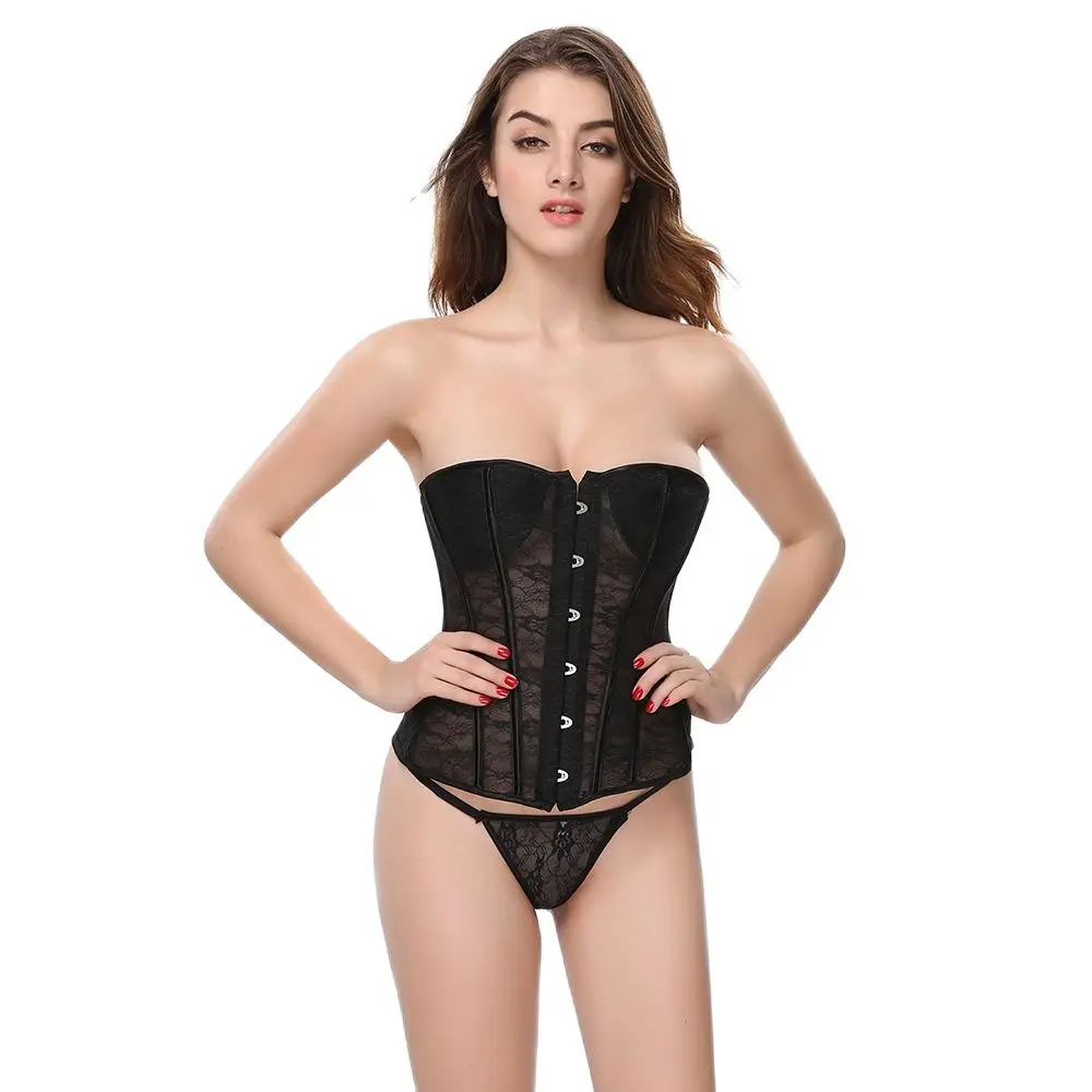 

Black Sexy Transparent Women Body Shapewear Floral Lace Up Boned Padded Lingerie Corset Bustier With Bra 832#