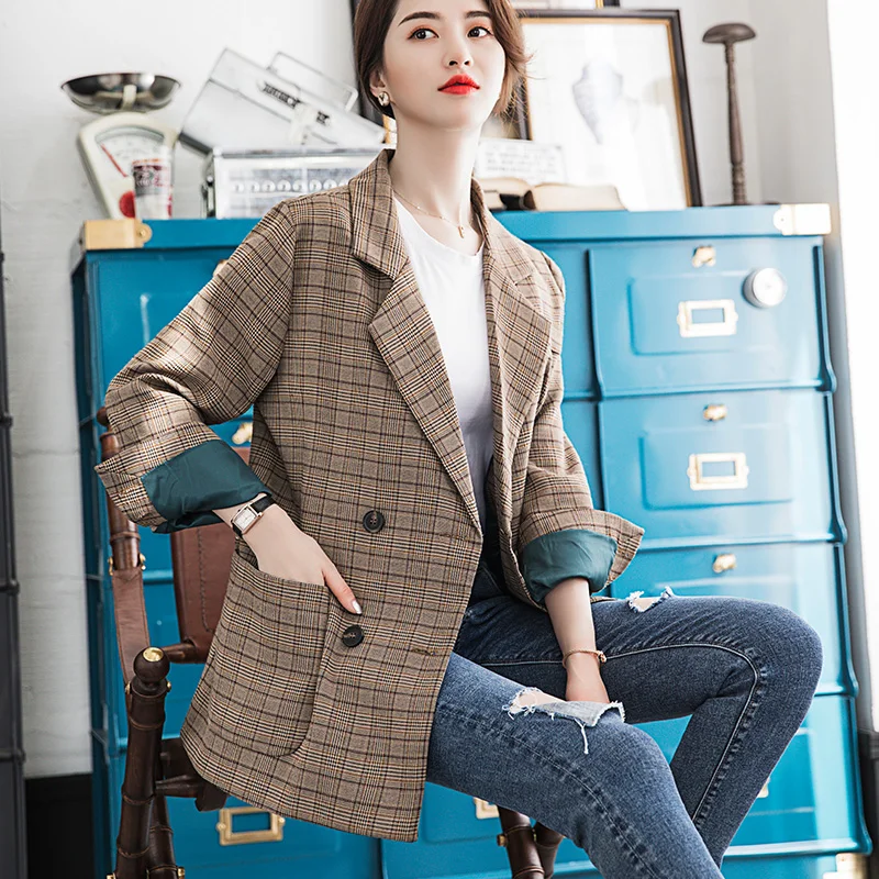 Женский винтажный Блейзер Lenshin свободная Толстая клетчатая куртка в английском